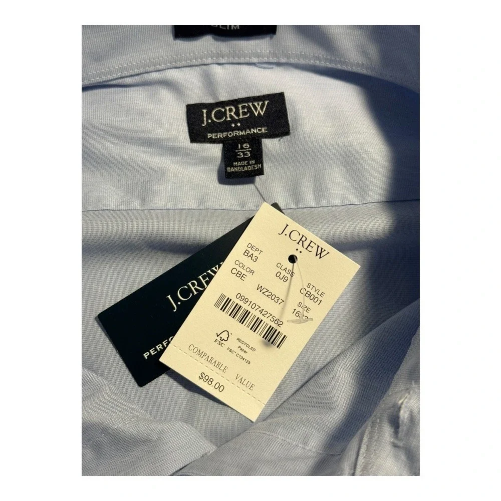 NEW J. Crew Performance Dress Shirt Slim Fit Classic‎ Blue Eoe Size 16 33